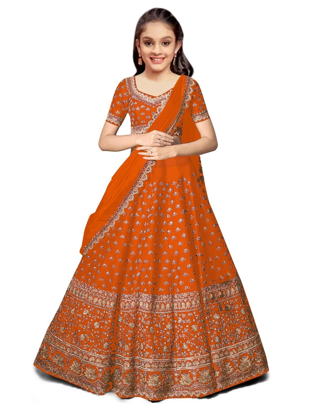 

BAESD Girls Embroidered Semi-Stitched Lehenga & Unstitched Blouse With Dupatta, Orange