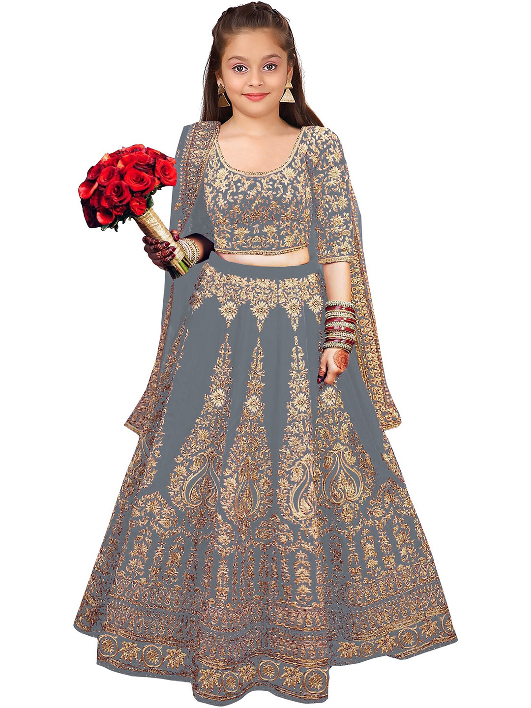 

BAESD Girls Embroidered Semi-Stitched Lehenga & Unstitched Blouse With Dupatta, Grey