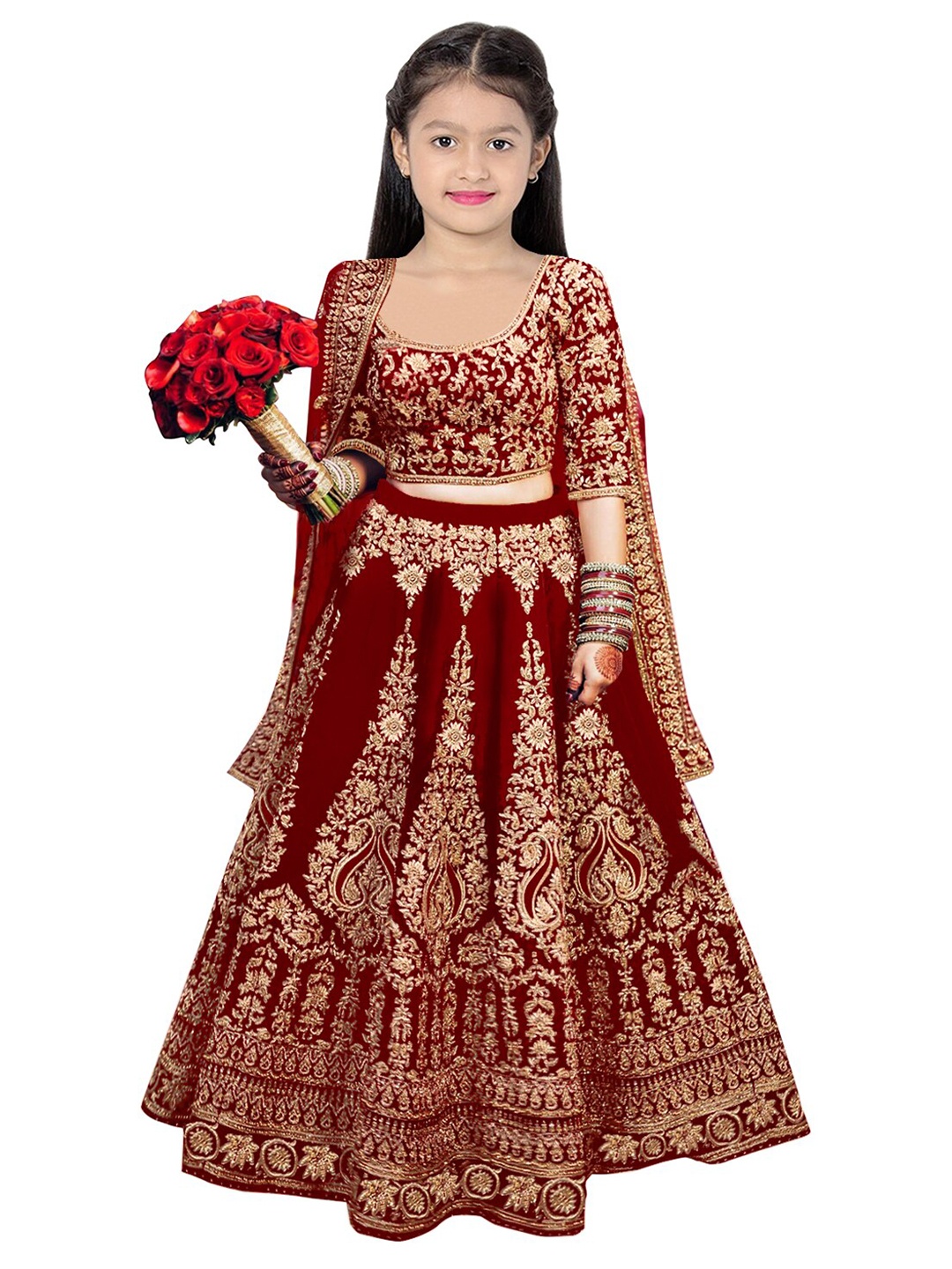 

BAESD Girls Embroidered Semi-Stitched Lehenga & Unstitched Blouse With Dupatta, Red