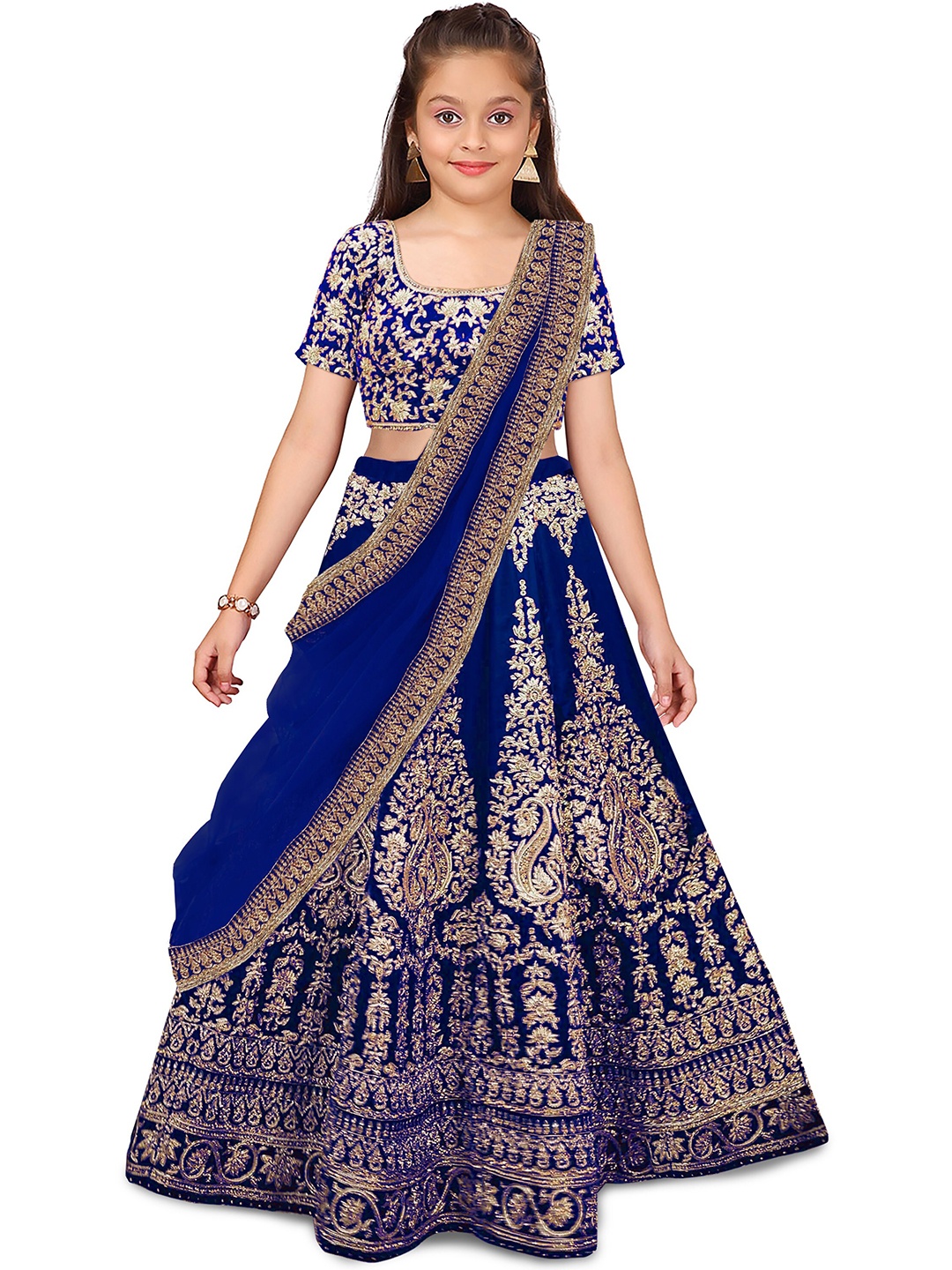 

BAESD Girls Embroidered Semi-Stitched Lehenga & Unstitched Blouse With Dupatta, Navy blue