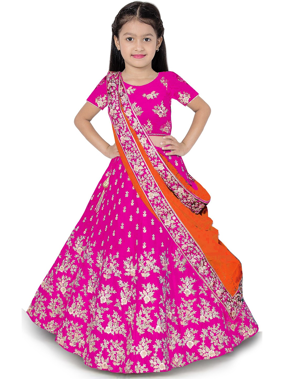 

BAESD Girls Embroidered Thread Work Semi-Stitched Lehenga & Unstitched Blouse With Dupatta, Pink