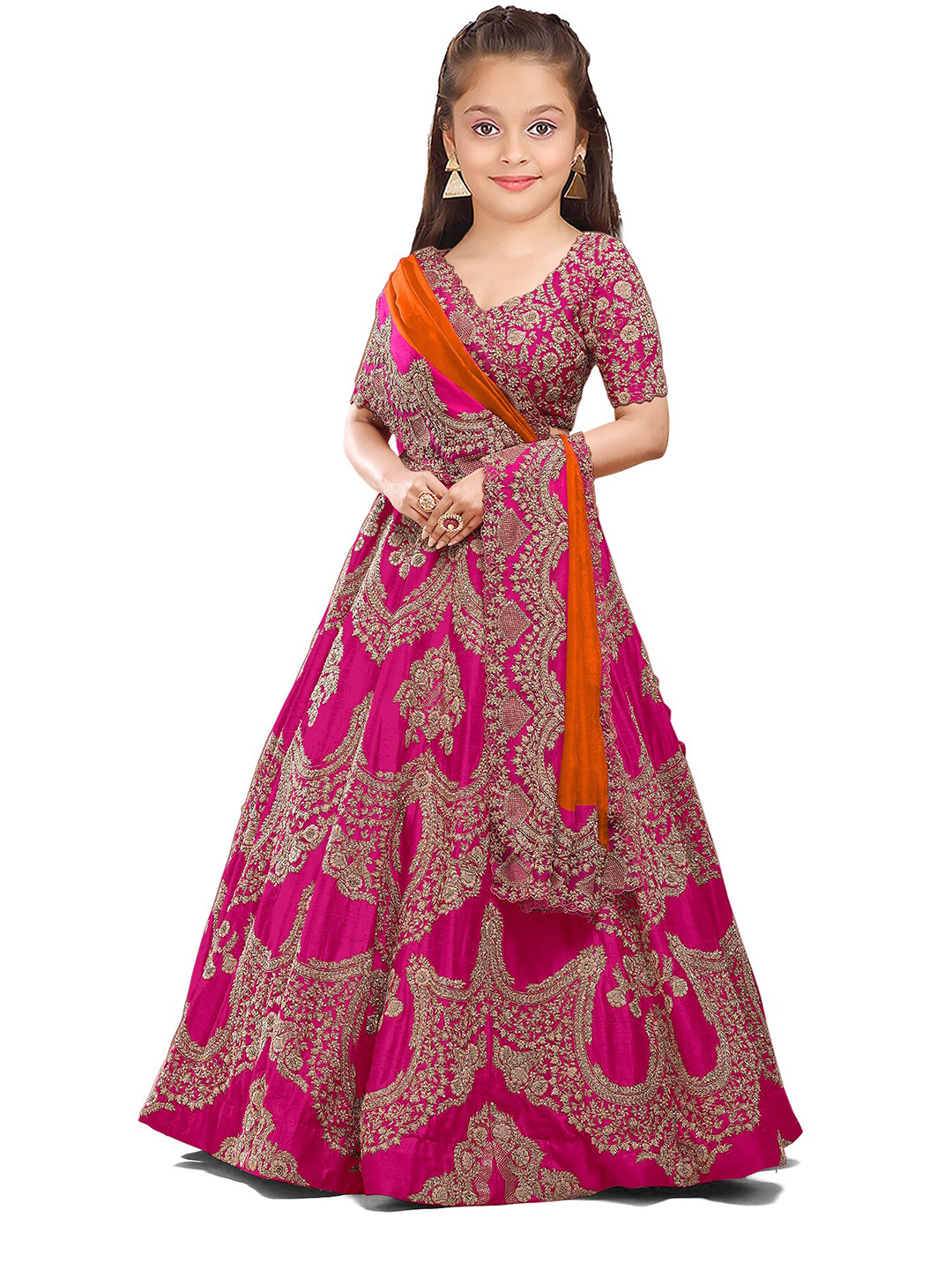 

BAESD Girls Embroidered Semi-Stitched Lehenga & Unstitched Blouse With Dupatta, Pink