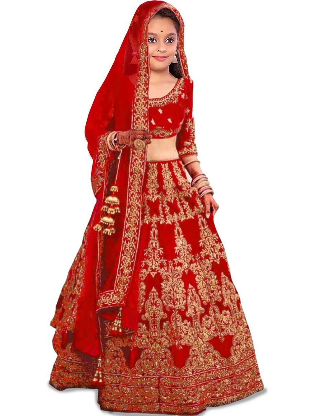 

BAESD Girls Embroidered Semi-Stitched Lehenga & Unstitched Blouse With Dupatta, Red
