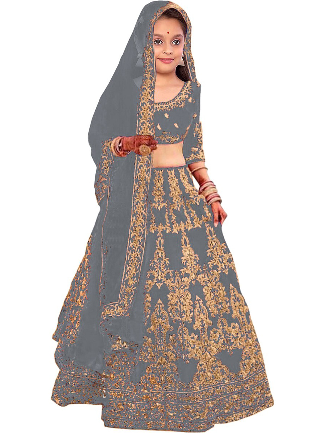

BAESD Girls Embroidered Semi-Stitched Lehenga & Unstitched Blouse With Dupatta, Grey