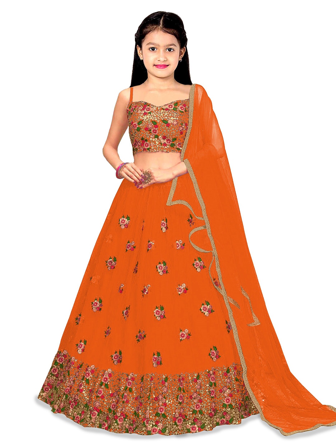 

BAESD Girls Embroidered Semi-Stitched Lehenga & Unstitched Blouse With, Orange