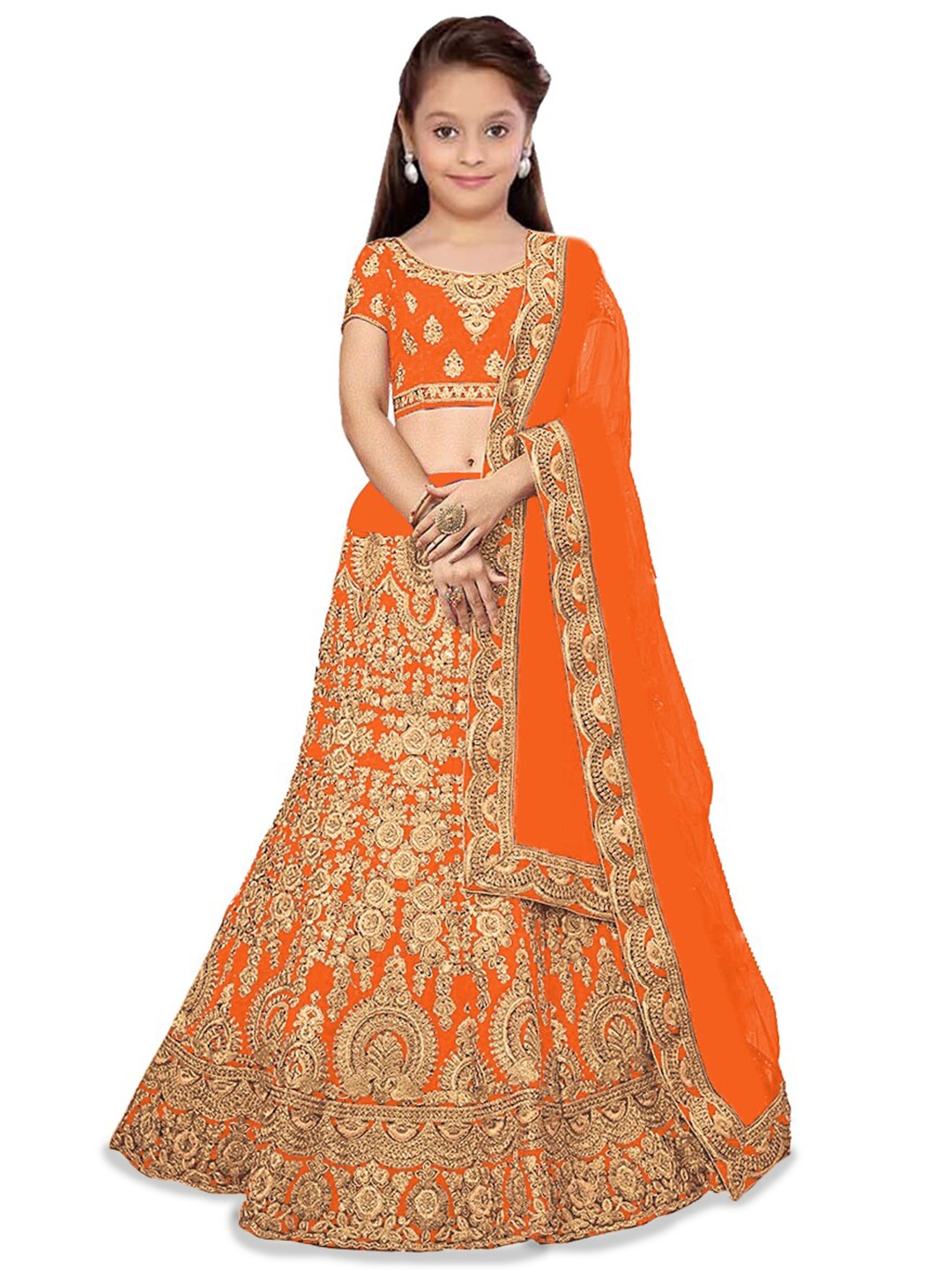 

BAESD Girls Embroidered Semi-Stitched Lehenga & Unstitched Blouse With, Orange