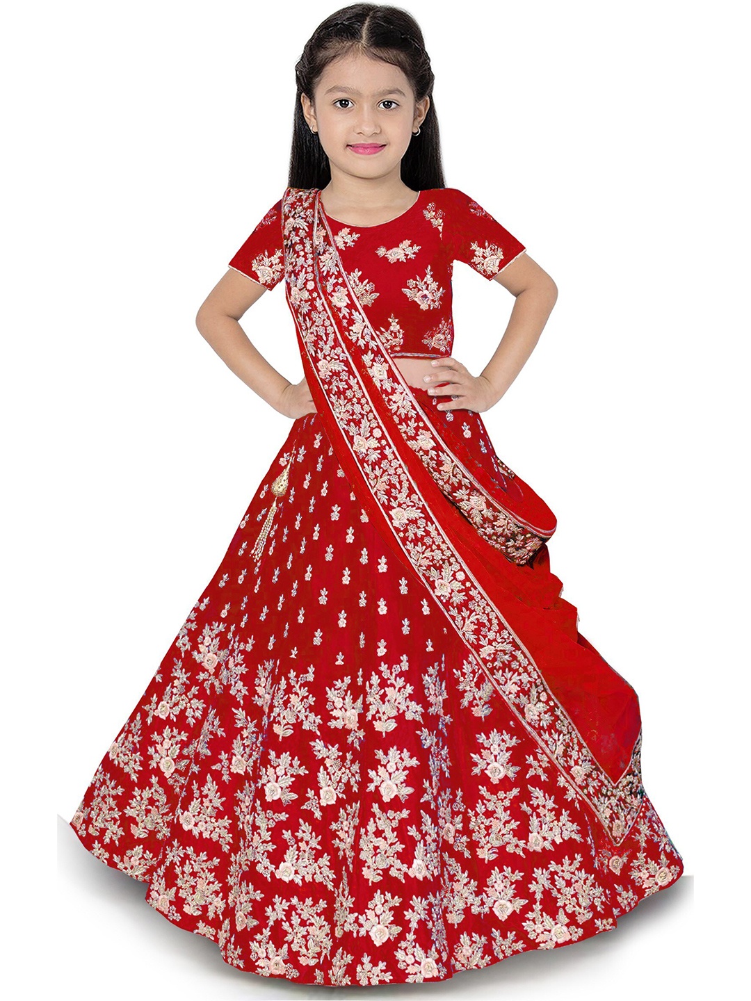 

BAESD Girls Embroidered Semi-Stitched Lehenga & Unstitched Blouse With Dupatta, Red