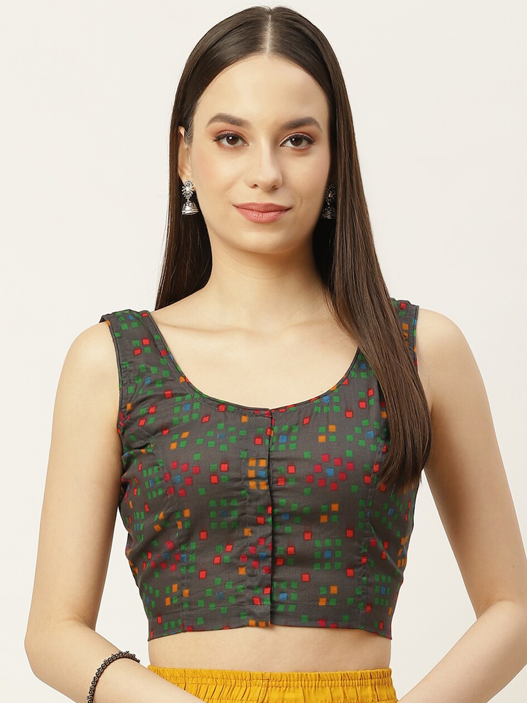 

Molcha Geometric Printed Cotton Saree Blouse, Green