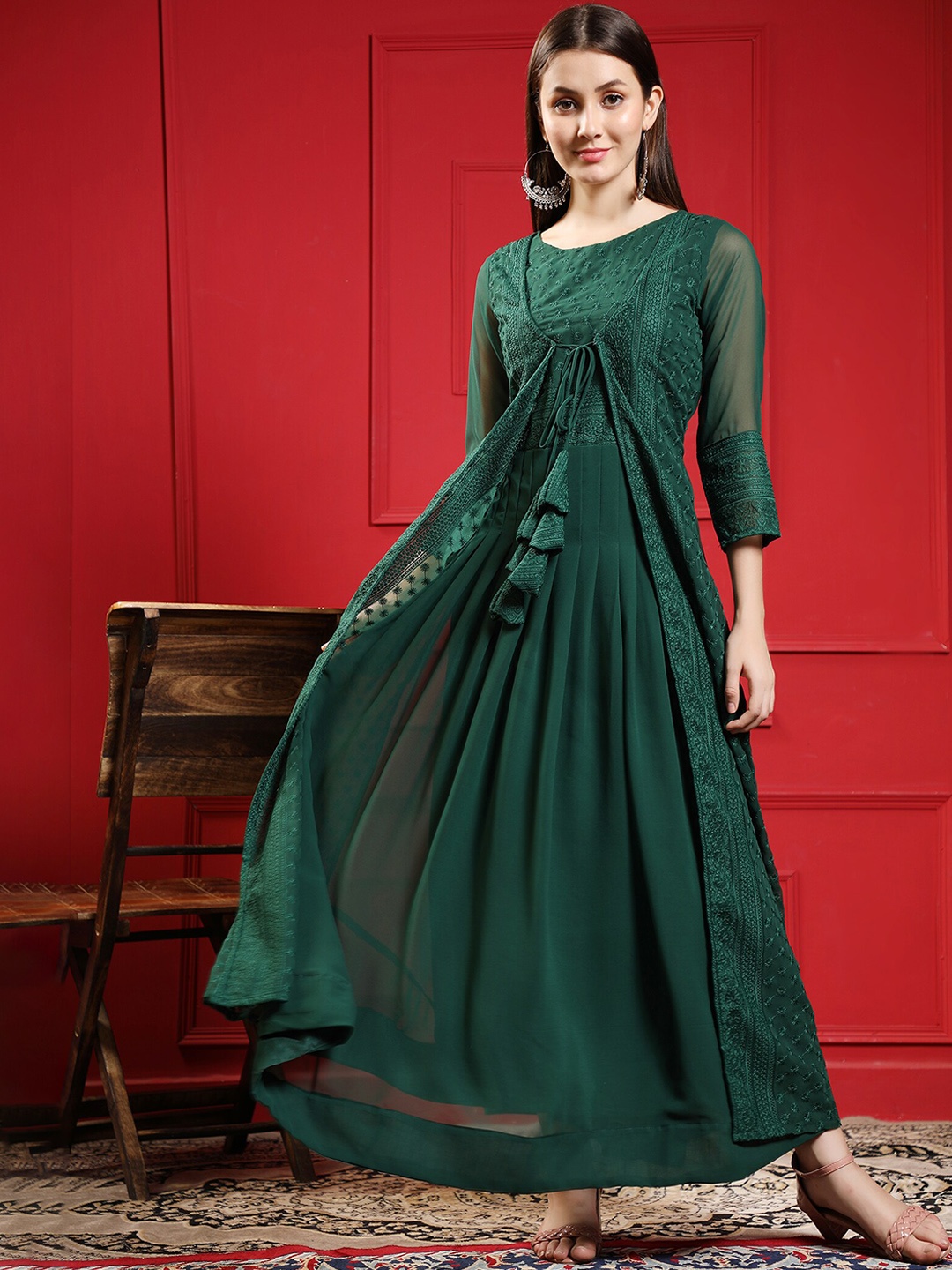 

KALINI Embroidered Fit & Flare Ethnic Dress, Green