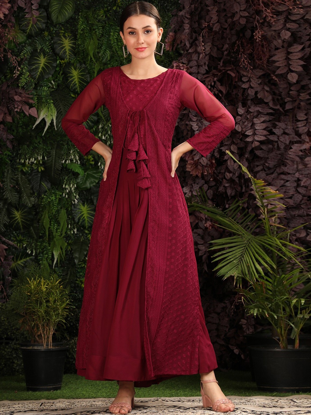 

KALINI Embroidered Fit & Flare Ethnic Dress, Burgundy