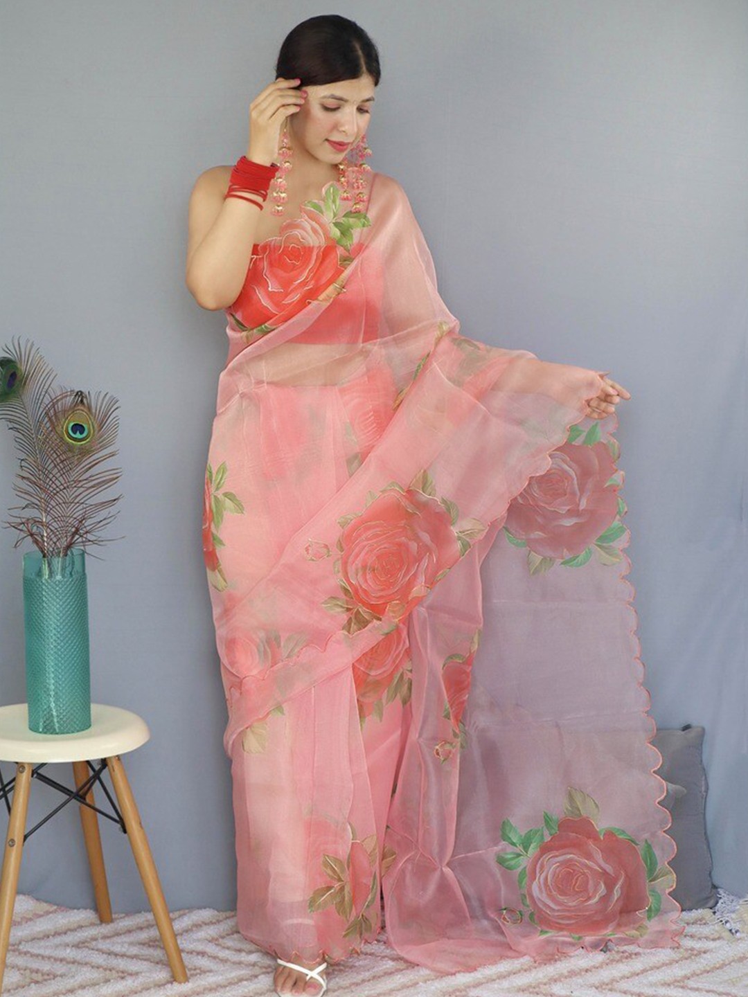

Atulyam Tex World Floral Organza Saree, Orange