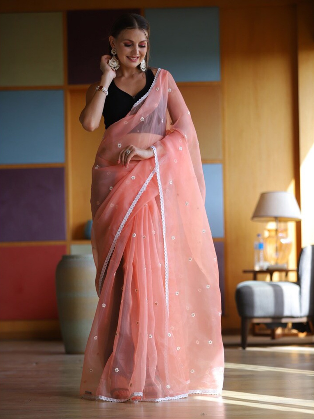

Atulyam Tex World Embellished Embroidered Organza Saree, Peach
