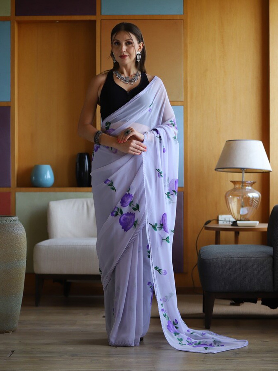 Atulyam Tex World Floral Pure Georgette Saree, Purple