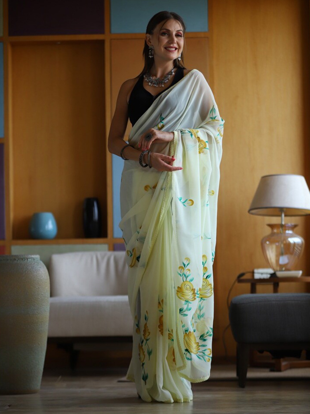 

Atulyam Tex World Floral Embroidered Pure Georgette Saree, Cream