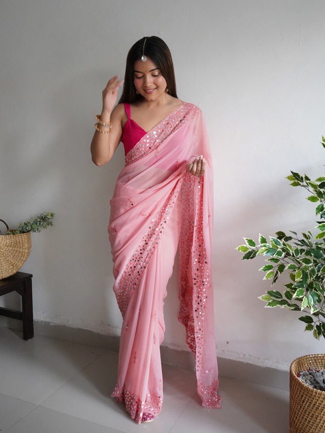 

Atulyam Tex World Embellished Mirror Work Pure Georgette Saree, Orange
