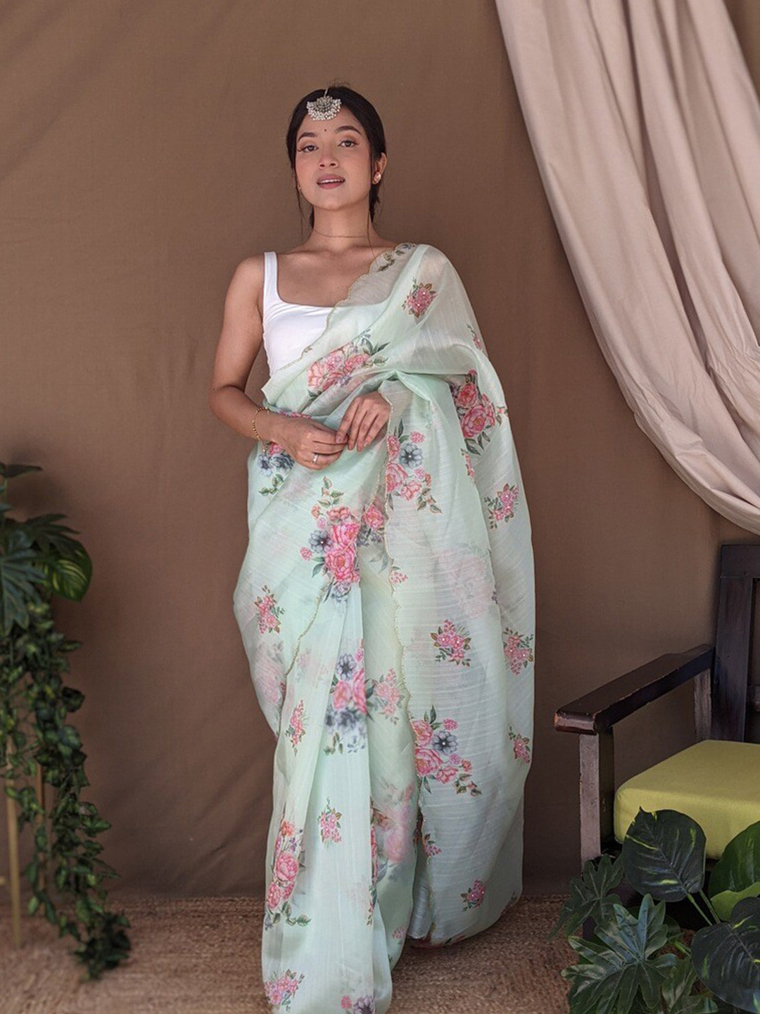 

Atulyam Tex World Floral Beads and Stones Pure Cotton Saree, Sea green