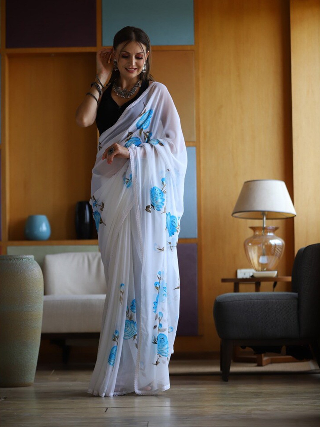 Atulyam Tex World Floral Embroidered Pure Georgette Saree, White