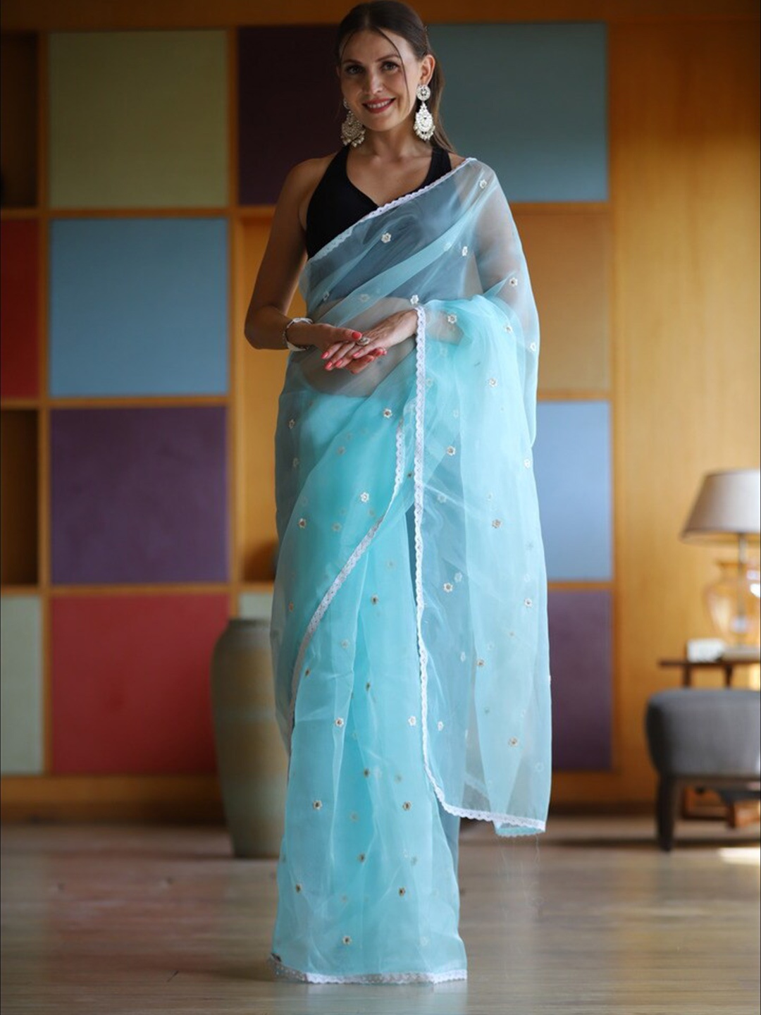 

Atulyam Tex World Floral Embroidered Organza Saree, Turquoise blue