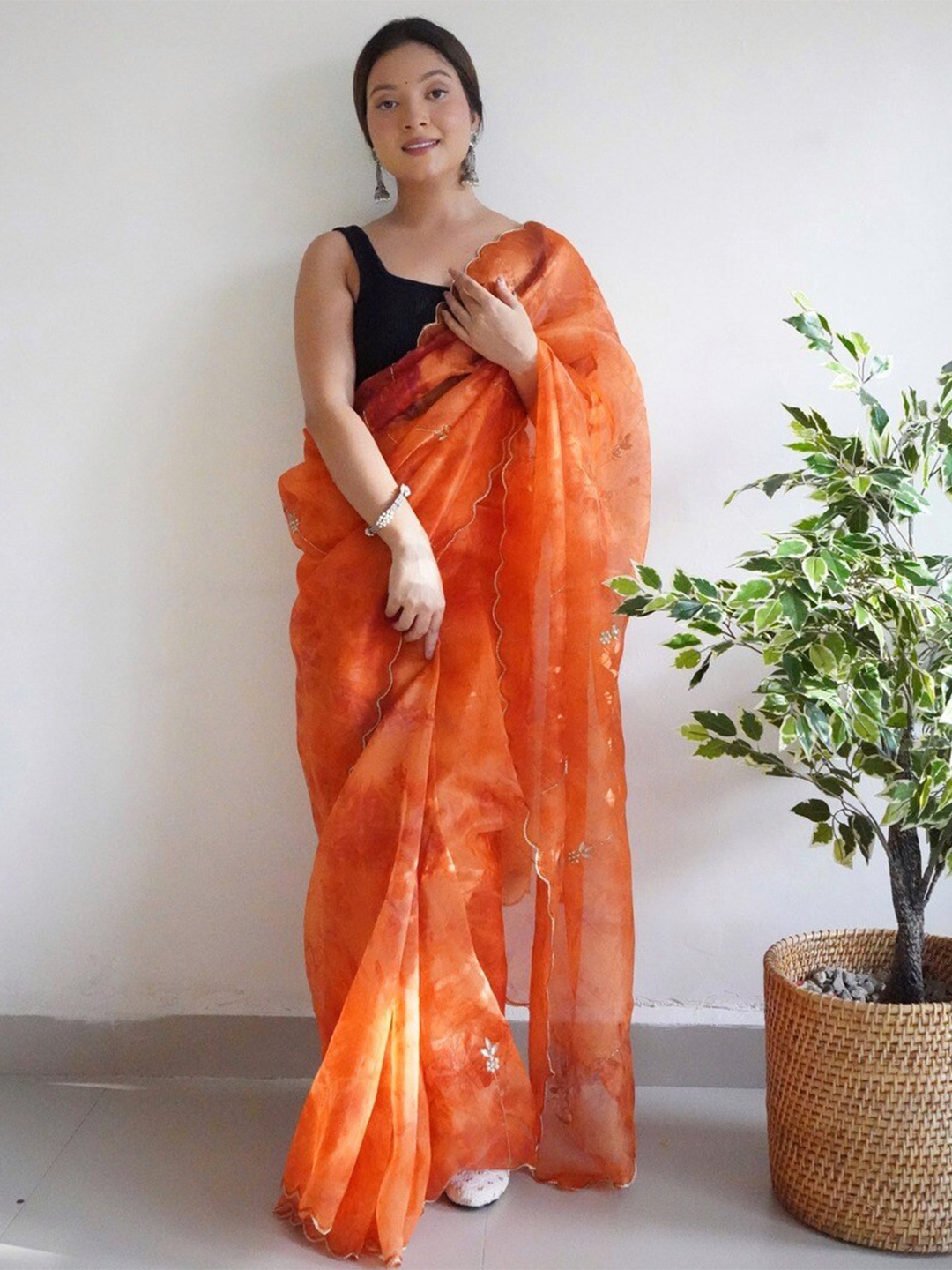 

Atulyam Tex World Beads Embelished Organza Saree, Orange