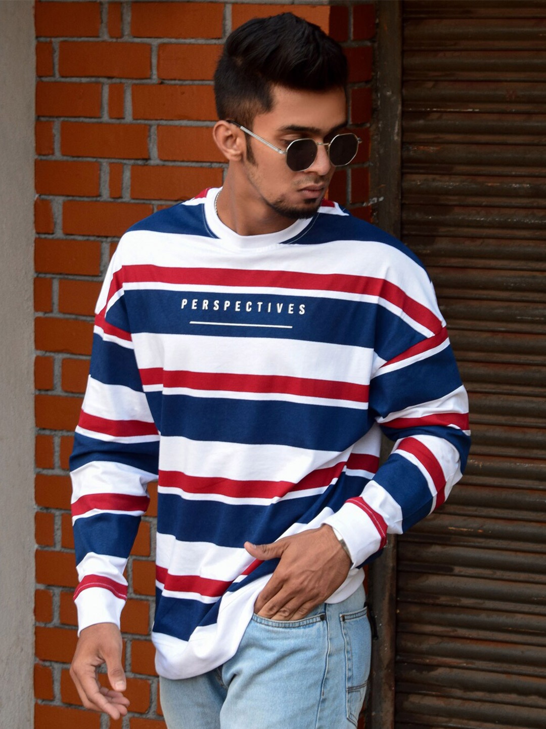 

Powerlook Horizontal Striped Oversized Cotton T-Shirt, White
