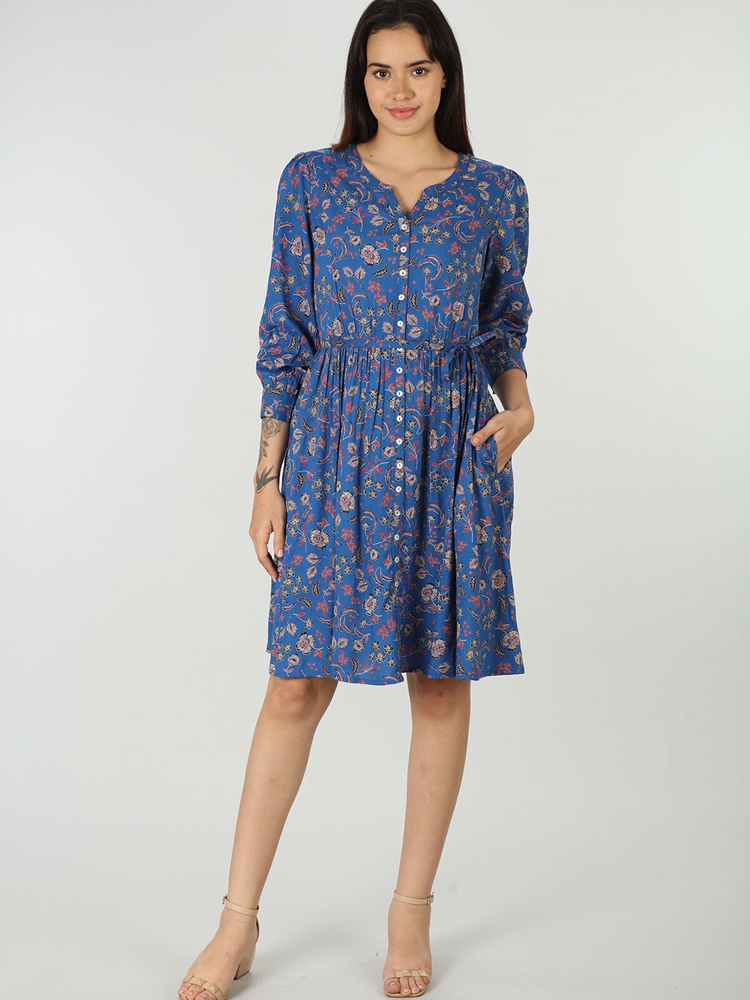 

Mustard Floral Printed Crepe Fit & Flare Dress, Blue