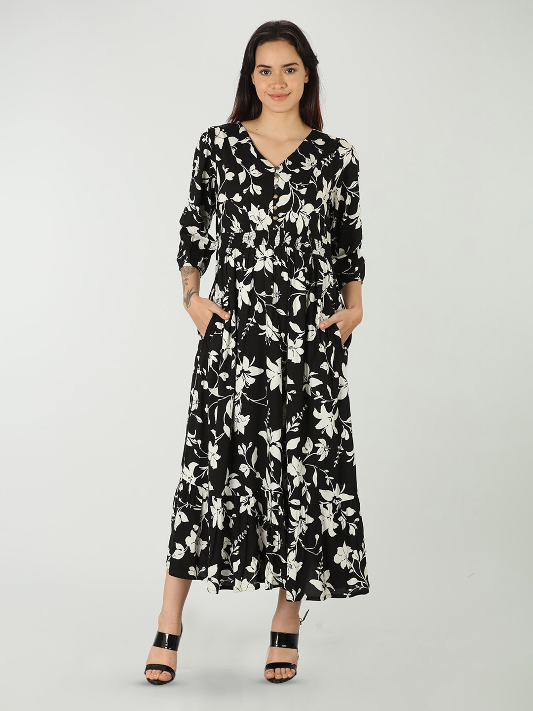 

Mustard Floral Printed Bishop Sleeves Crepe Casual Fit & Flare Midi Dress, Black
