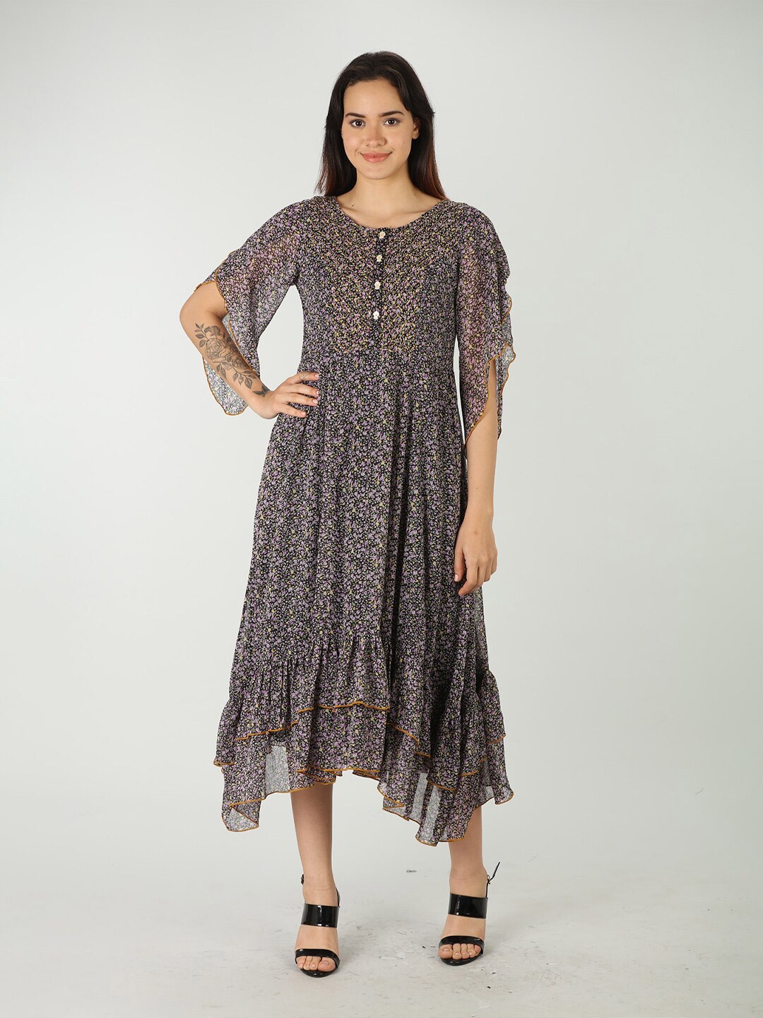 

Mustard Floral Print A-line Midi Dress, Black