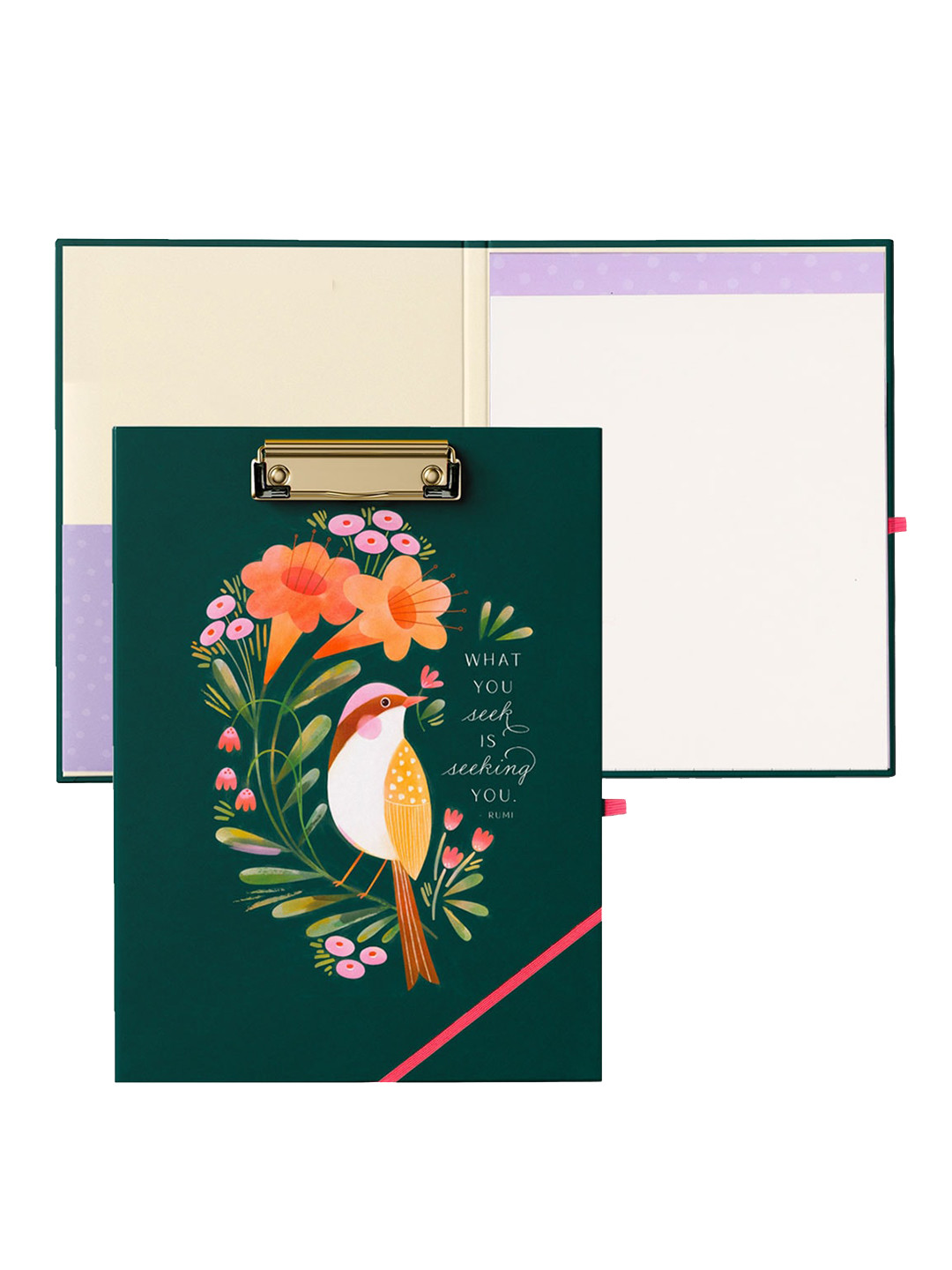 

happywagon Feathered Blooms Printed Clipfolio With Notepad, Green