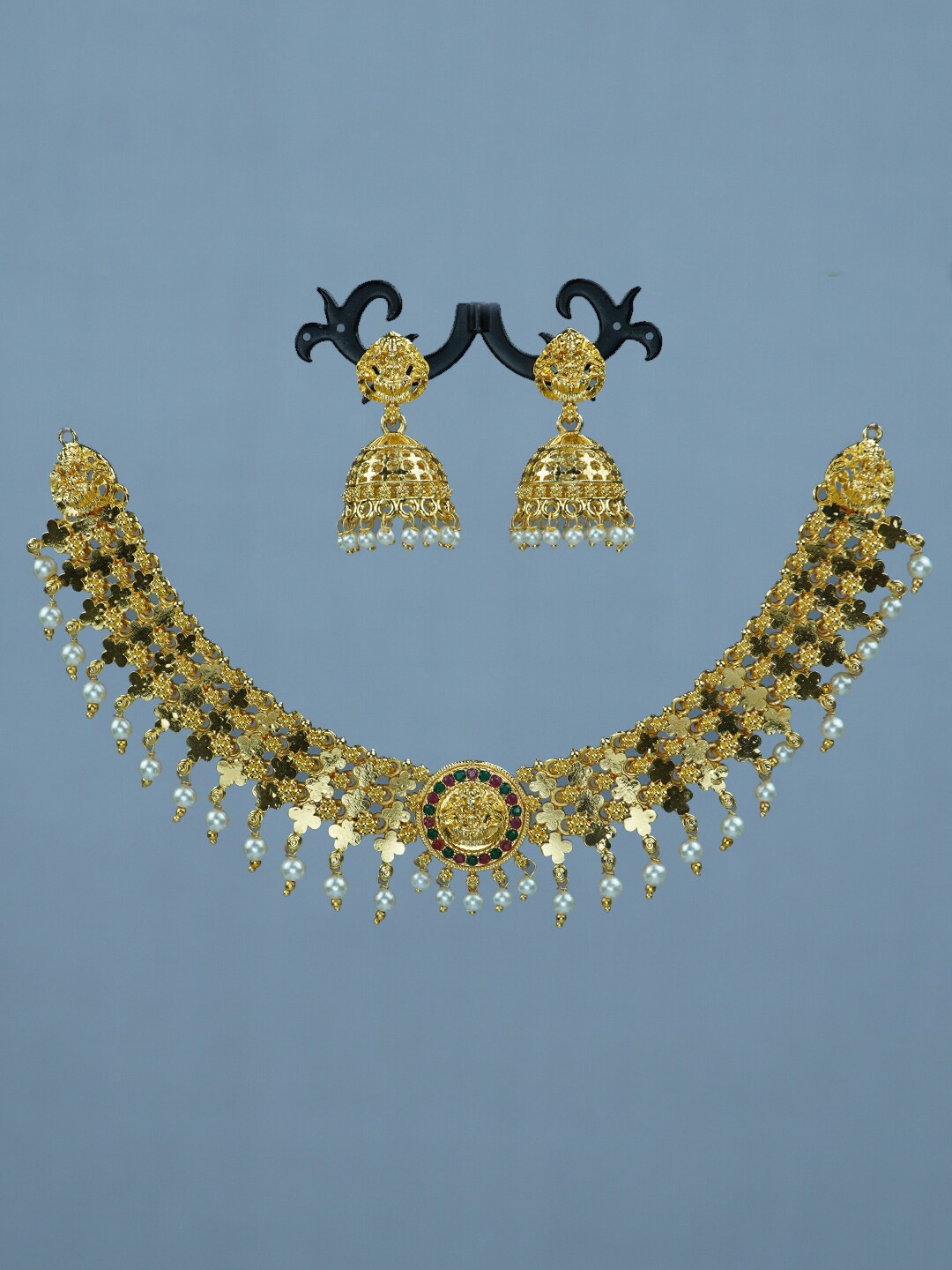

Diksha collection Gold-Plated Stone-Studded & Beaded JewellerySet