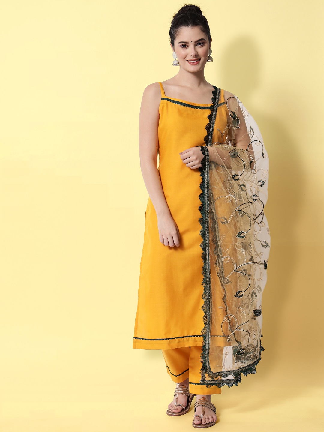 

KALINI Sleeveless Kurta with Trousers & With Dupatta, Mustard