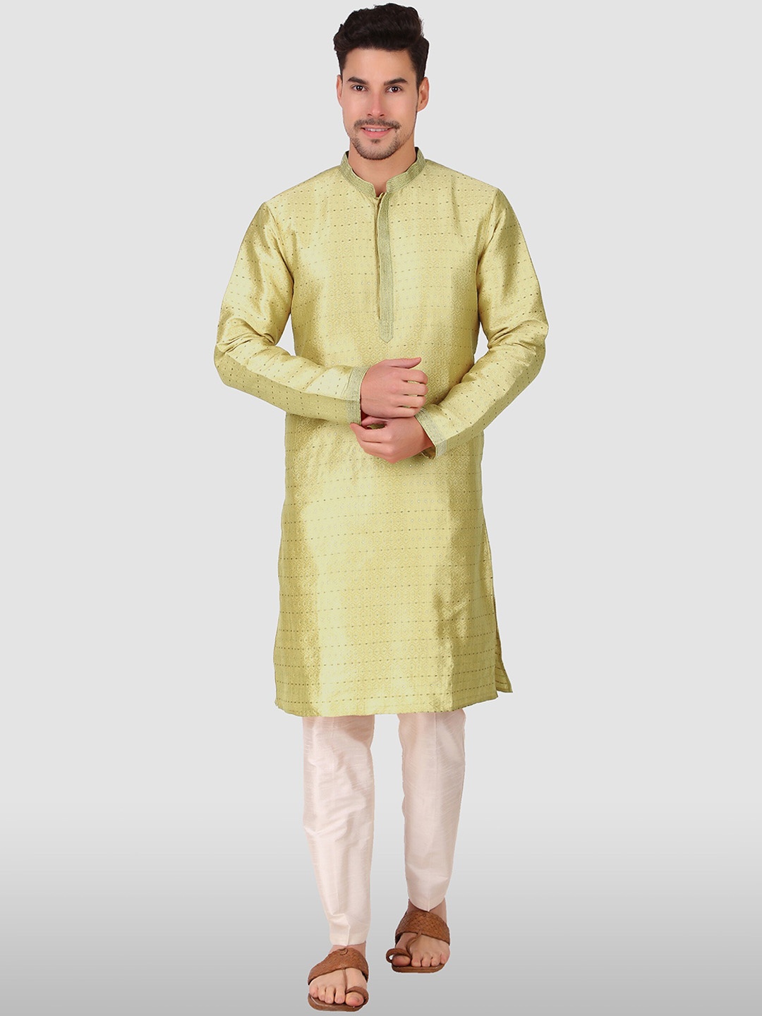 

Koshin Ethnic Motifs Woven Design Jacquard Kurta with Pyjamas, Beige