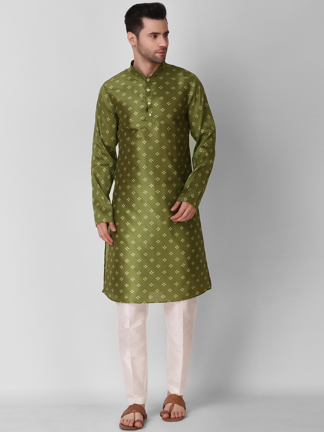 

Koshin Mandarin Collar Geometric Printed Regular Kurta with Pyjamas, Green