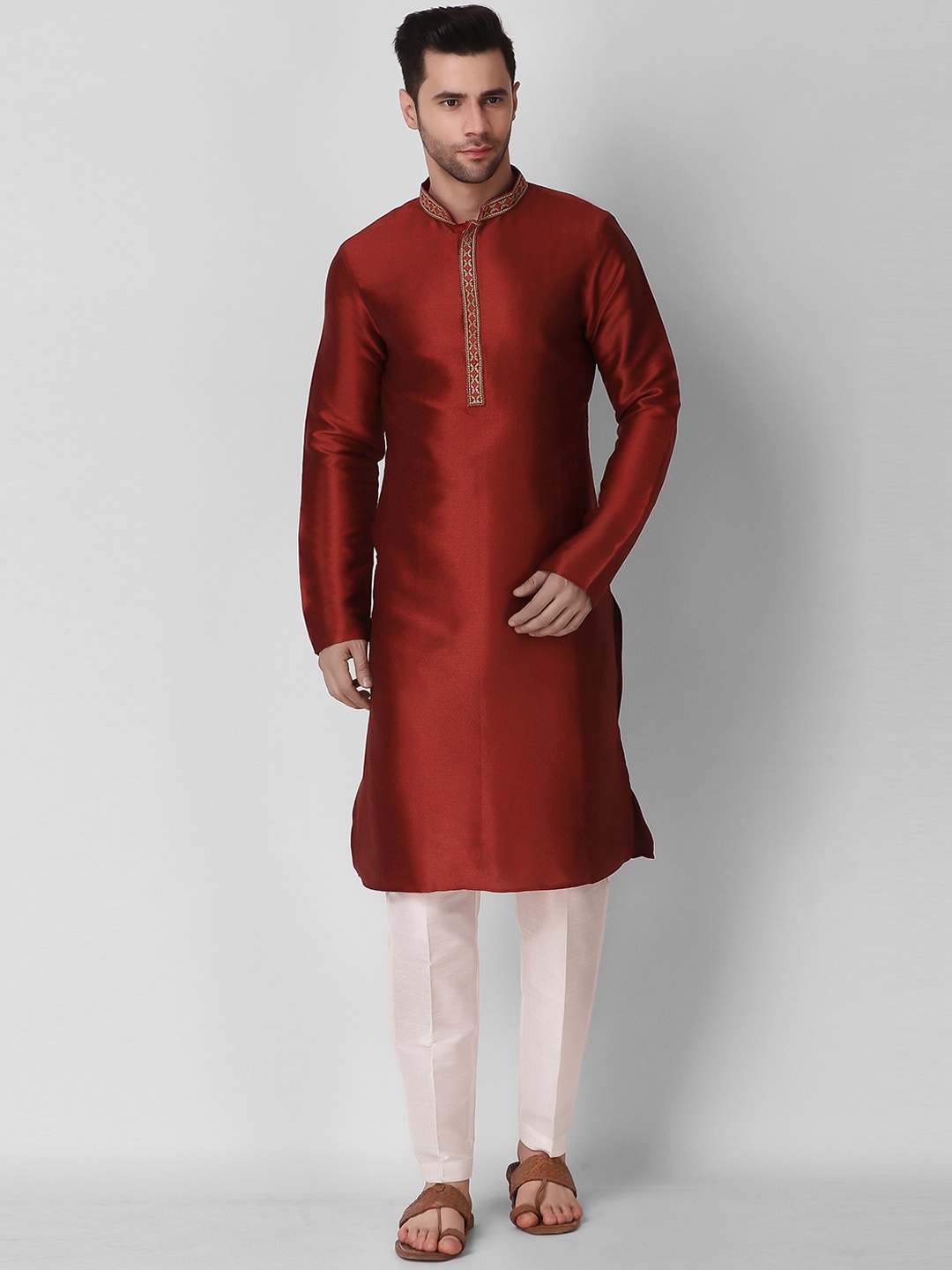 

Koshin Men Woven Design Thread Work Kurta With Pyjamas, Red