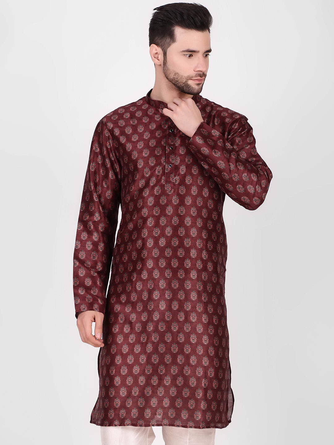

Koshin Manadrin Collar Ethnic Motifs Printed Straight Kurta with Pyjamas, Maroon