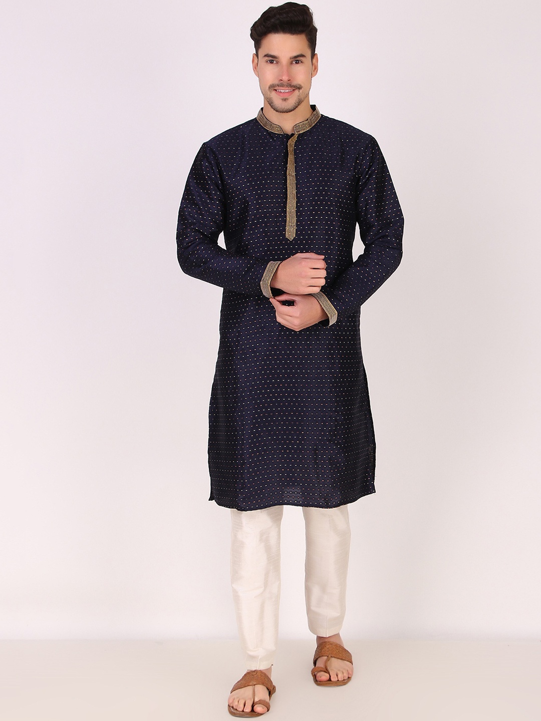 

Koshin Woven Design Regular Straight Kurta With Pyjamas, Navy blue