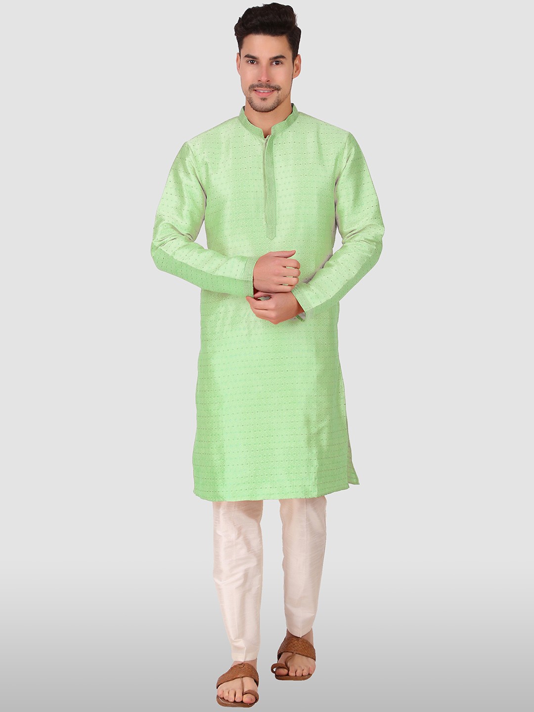 

Koshin Ethnic Motifs Woven Design Mandarin Collar Kurta With Pyjamas, Green