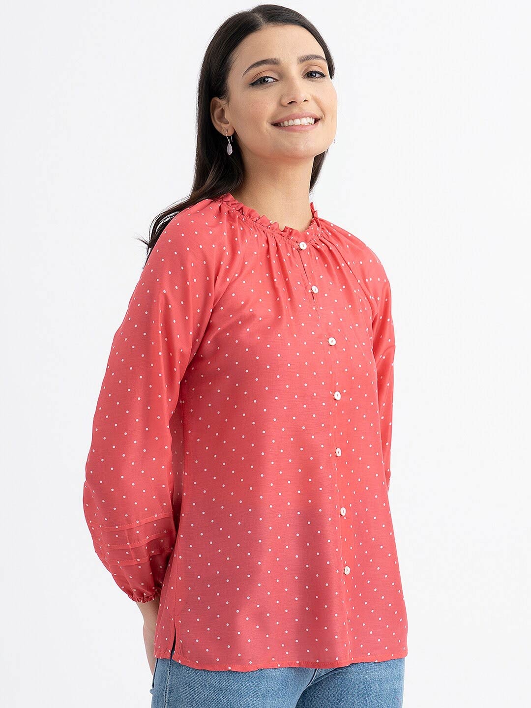 

Pink Fort Geometric Printed Mandarin Collar Puff Sleeve Cotton Shirt Style Top, Red