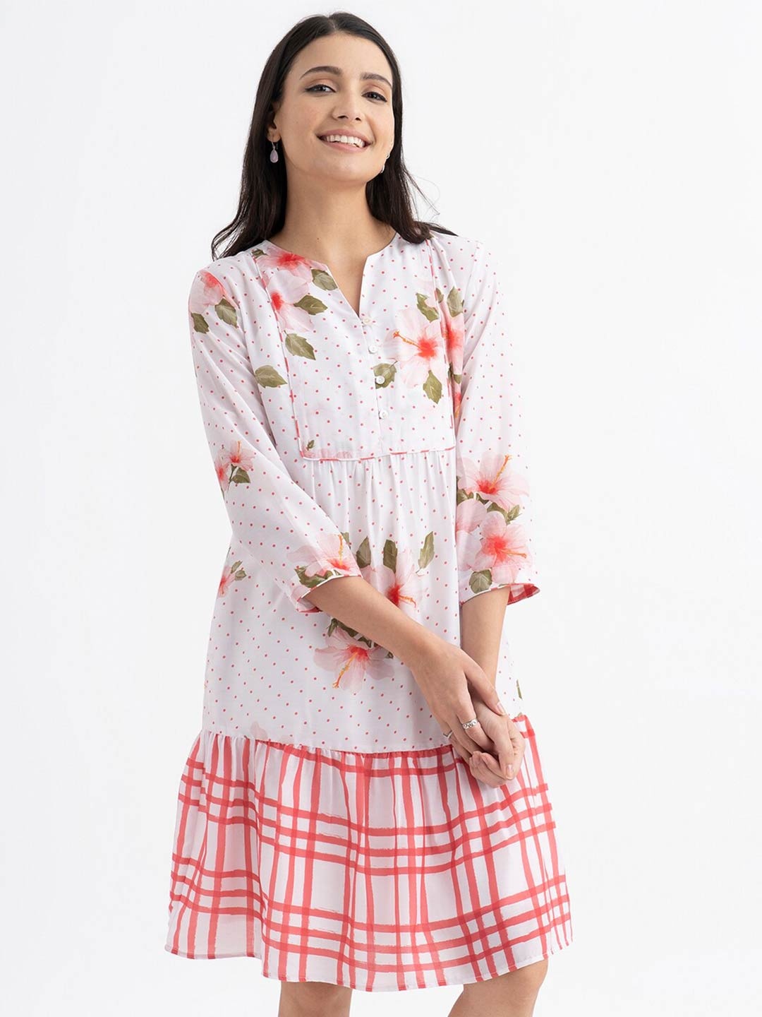 

Pink Fort Floral Print Notched Neck A-Line Pure Cotton Dress, White