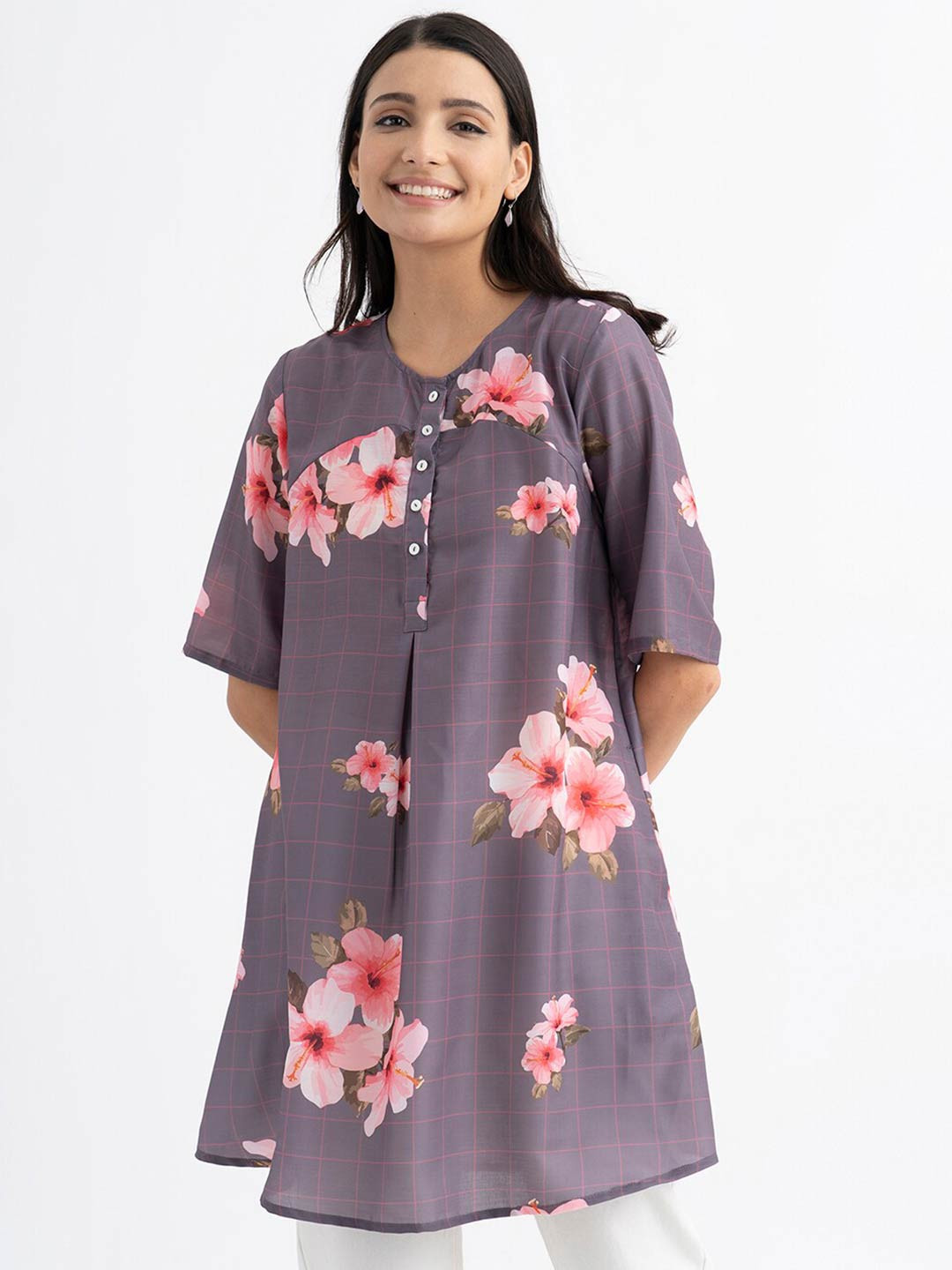 

Pink Fort Grey Floral Print Cotton Longline Top