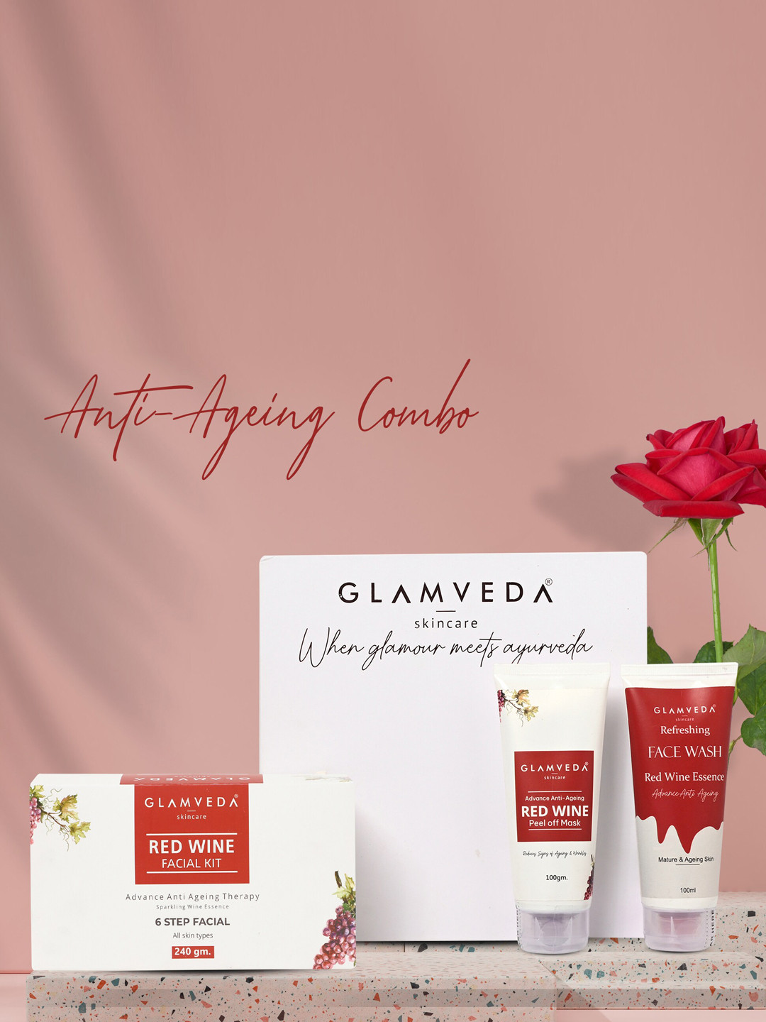 

GLAMVEDA Set Of 3 Red Wine Advance Anti Ageing Skin Care Gift Set