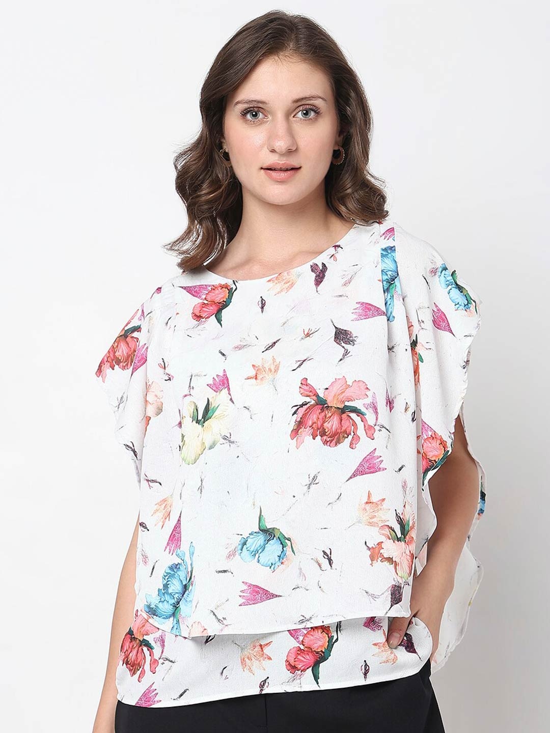 NOT SO PINK Floral Print Flutter Sleeve Georgette Top, White