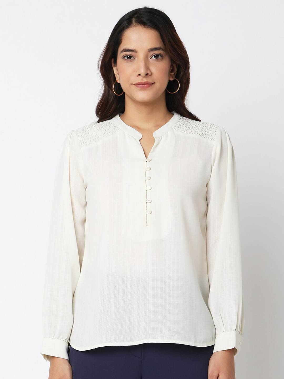 

NOT SO PINK Mandarin Collar Georgette Top, Off white
