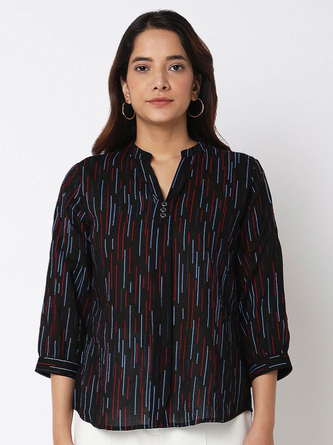 

NOT SO PINK Striped Mandarin Collar Cotton Shirt Style Top, Black