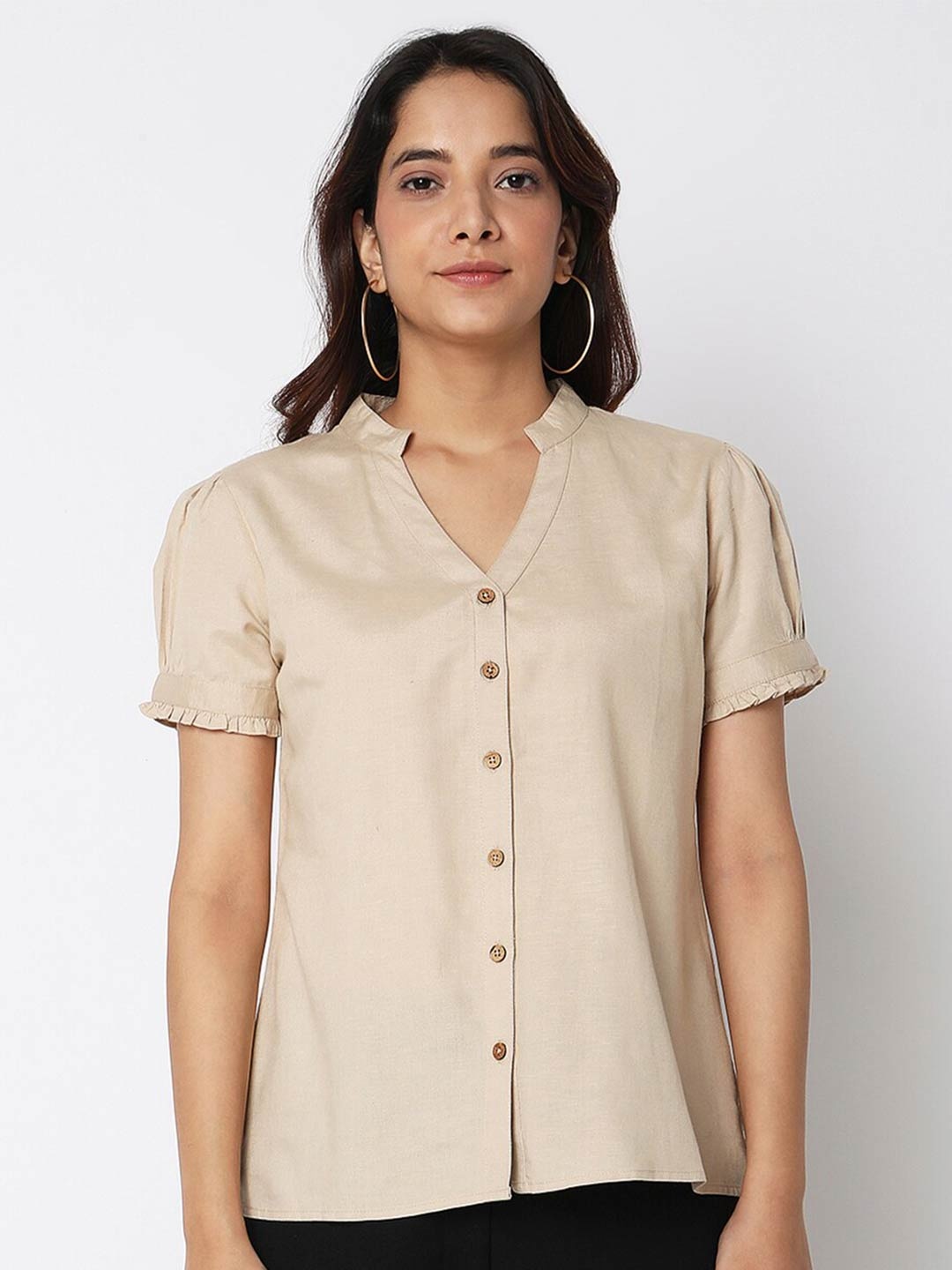 

NOT SO PINK Comfort Fit Mandarin Collar Cotton Casual Shirt, Beige