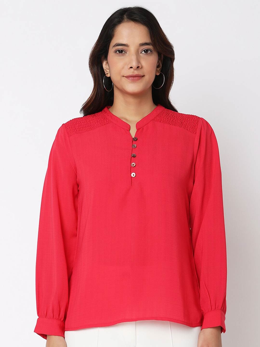 

NOT SO PINK Mandarin Collar Cuffed Sleeves Georgette Top