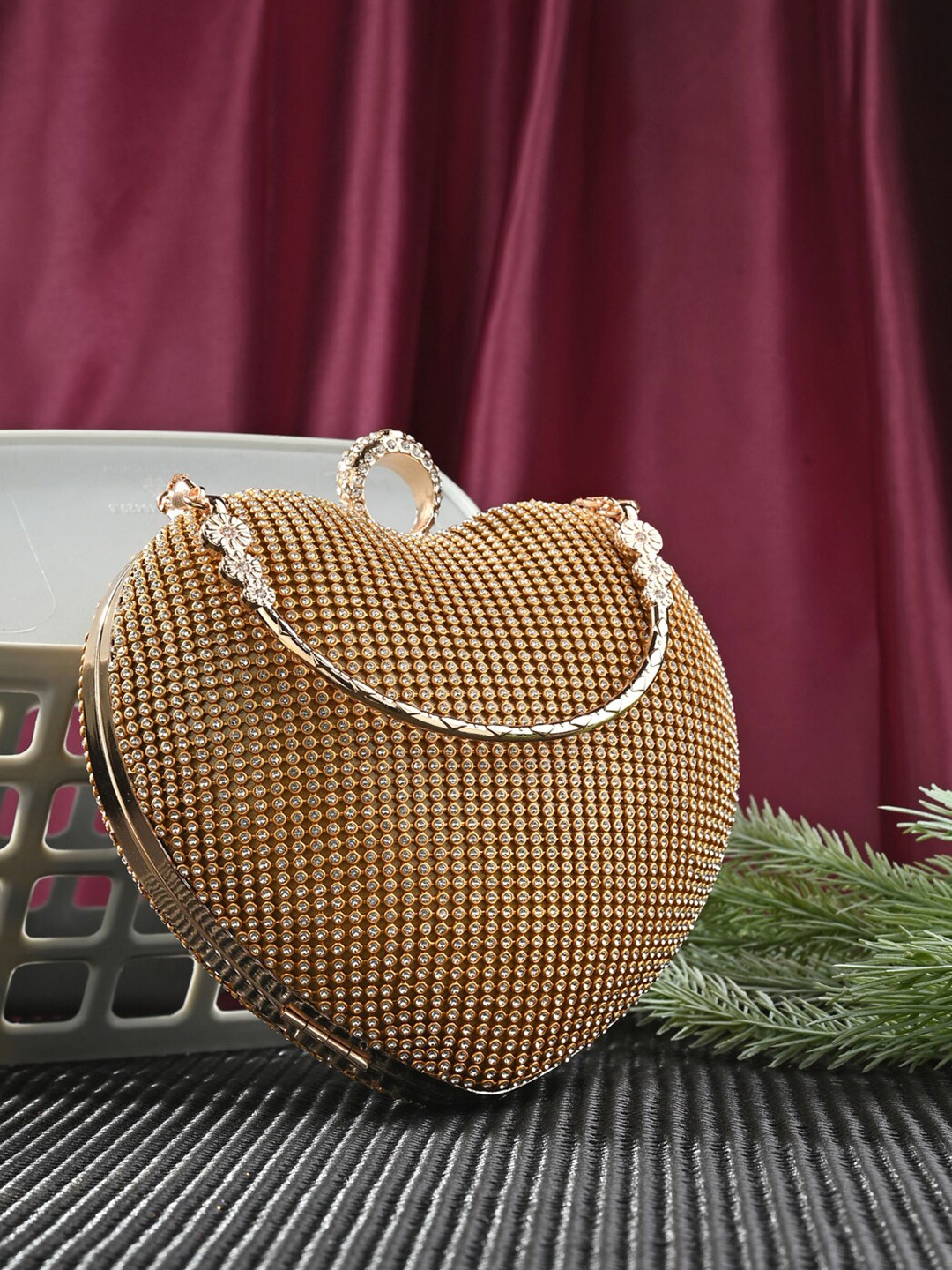 

Toobacraft Embellished Heart Box Clutch, Gold
