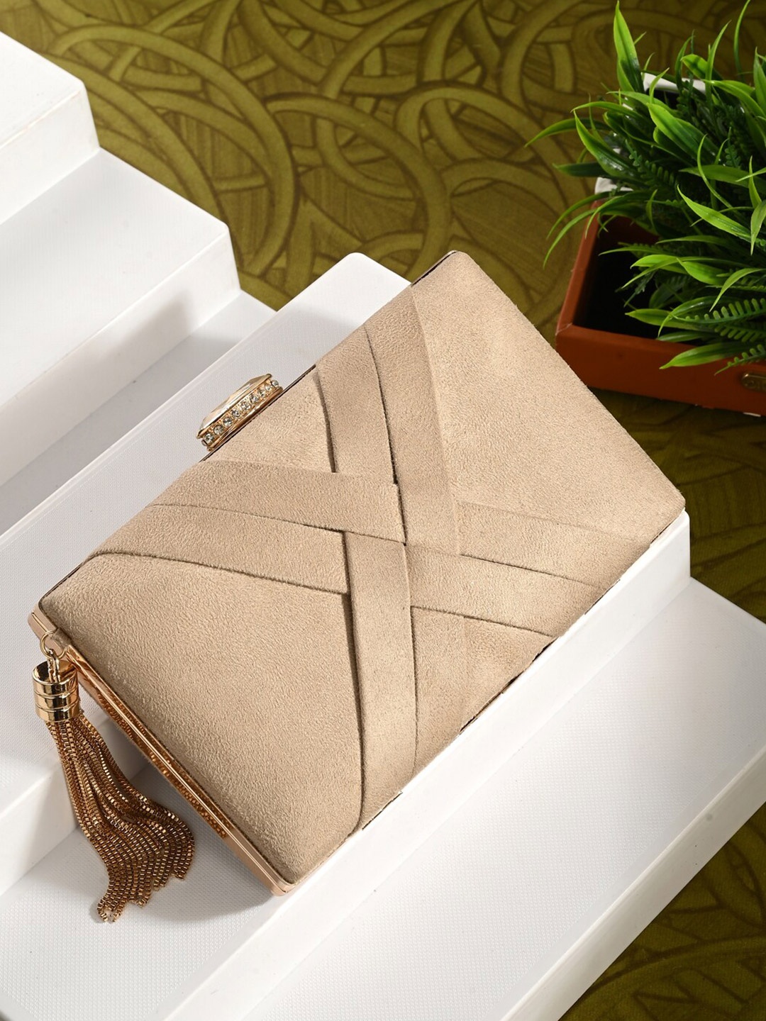 

Toobacraft Textured Box Clutch, Beige