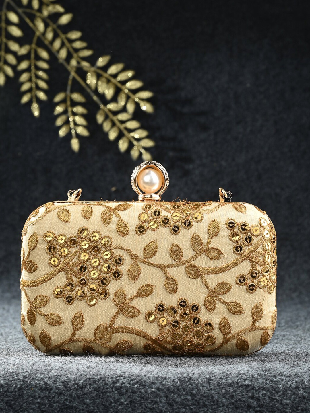 

Toobacraft Embellished Box Clutch, Beige