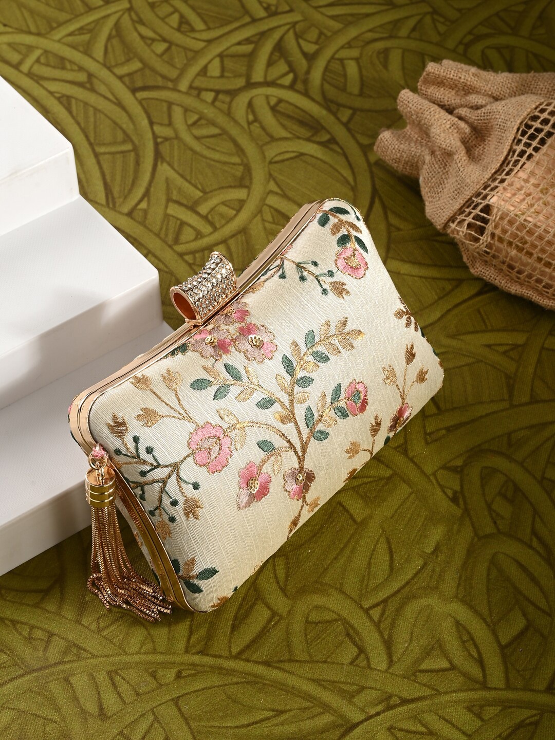 

Toobacraft Floral Embroidered Box Clutch, Cream