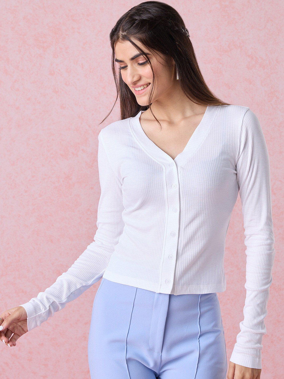 

20Dresses V-Neck Long Sleeves Ribbed Slim Fit T-shirt, White